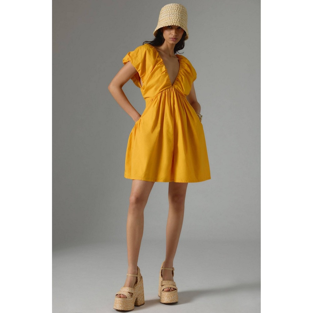 Anthropologie Romper Marigold Orange Puff Sleeve Open Back Tassel OB1686980 M
